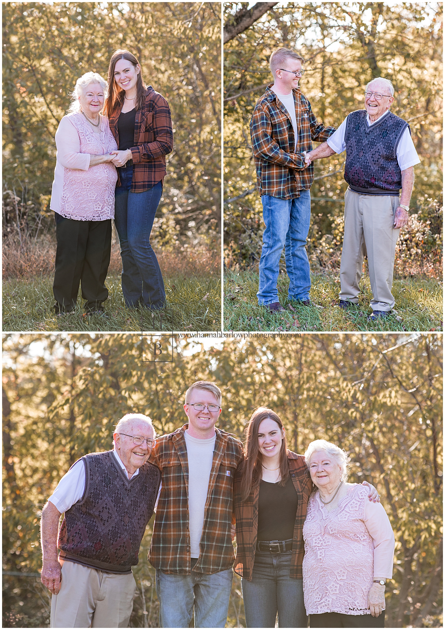 Couple poses with grandparents in fall foliage