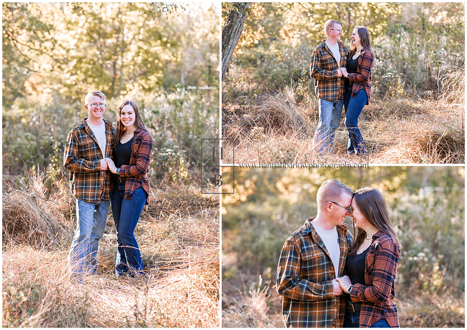 Couple wearing plaid poses in dead fall field for engagement photos