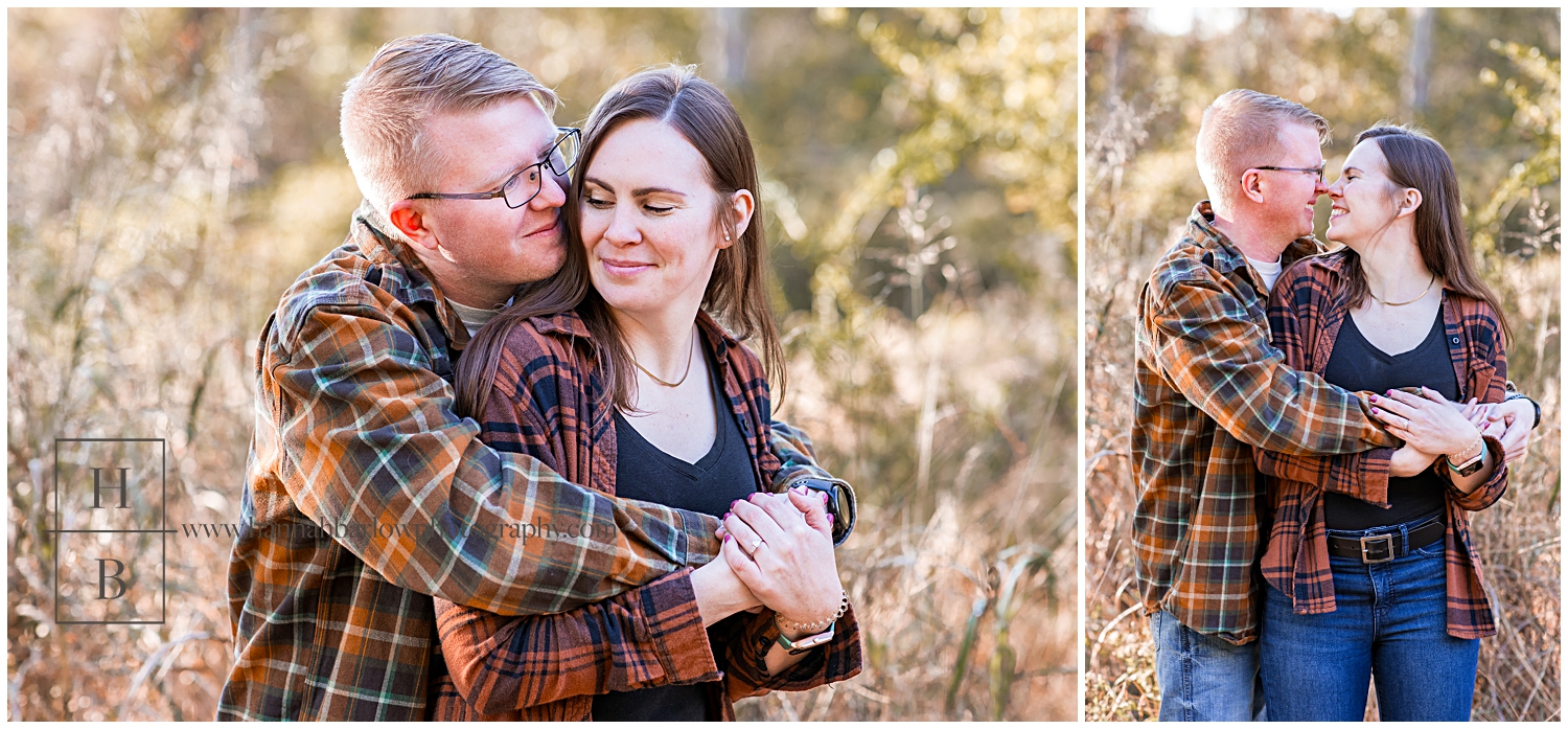 Man in plaid and embraces fiancé and field