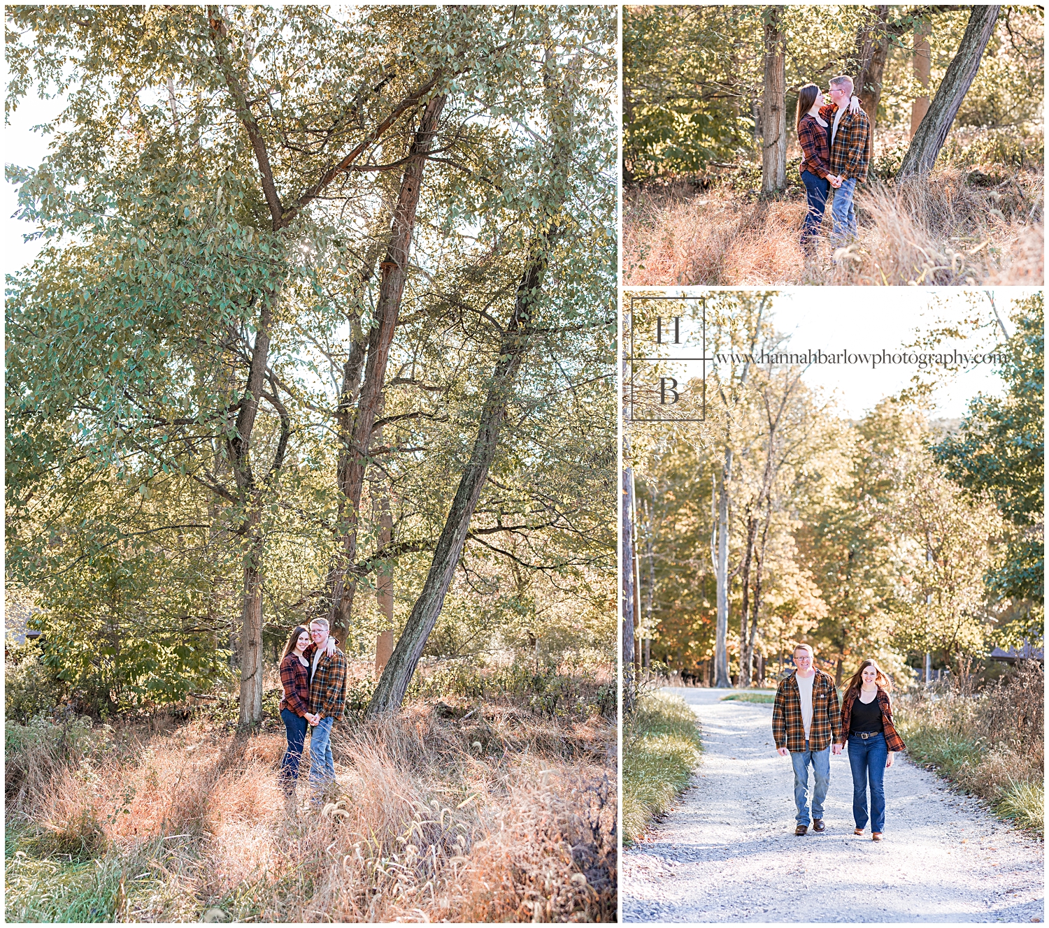 Couple stands in fall forest for engagement photos