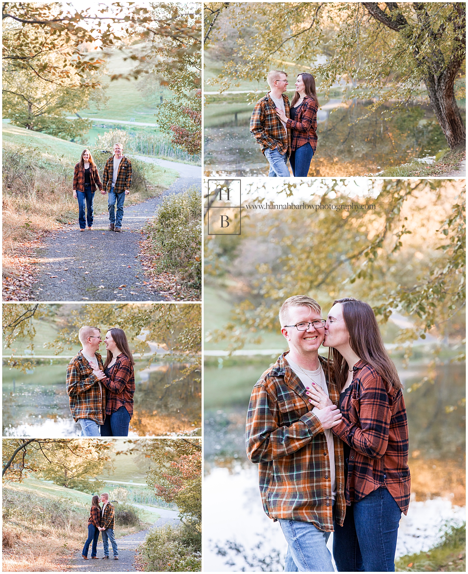 Couple poses in fall foliage by lake for engagement photos