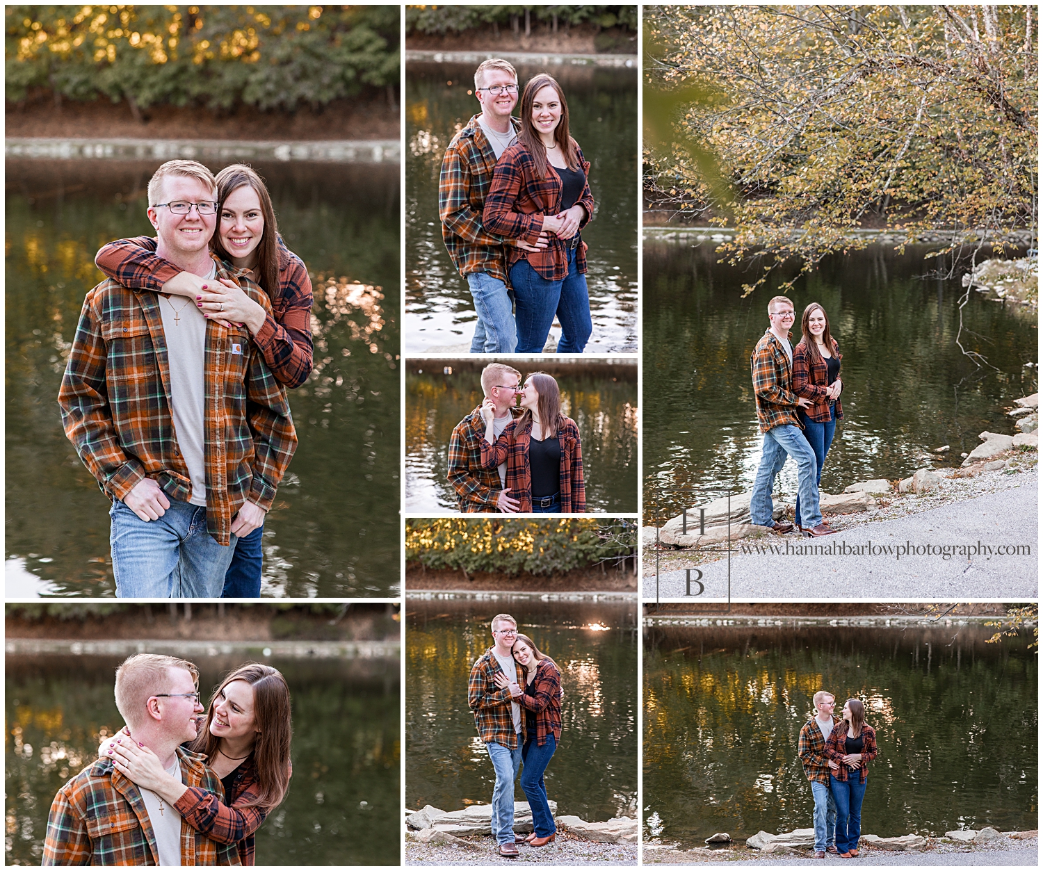 Couple in plaid poses by lake for engagement photos