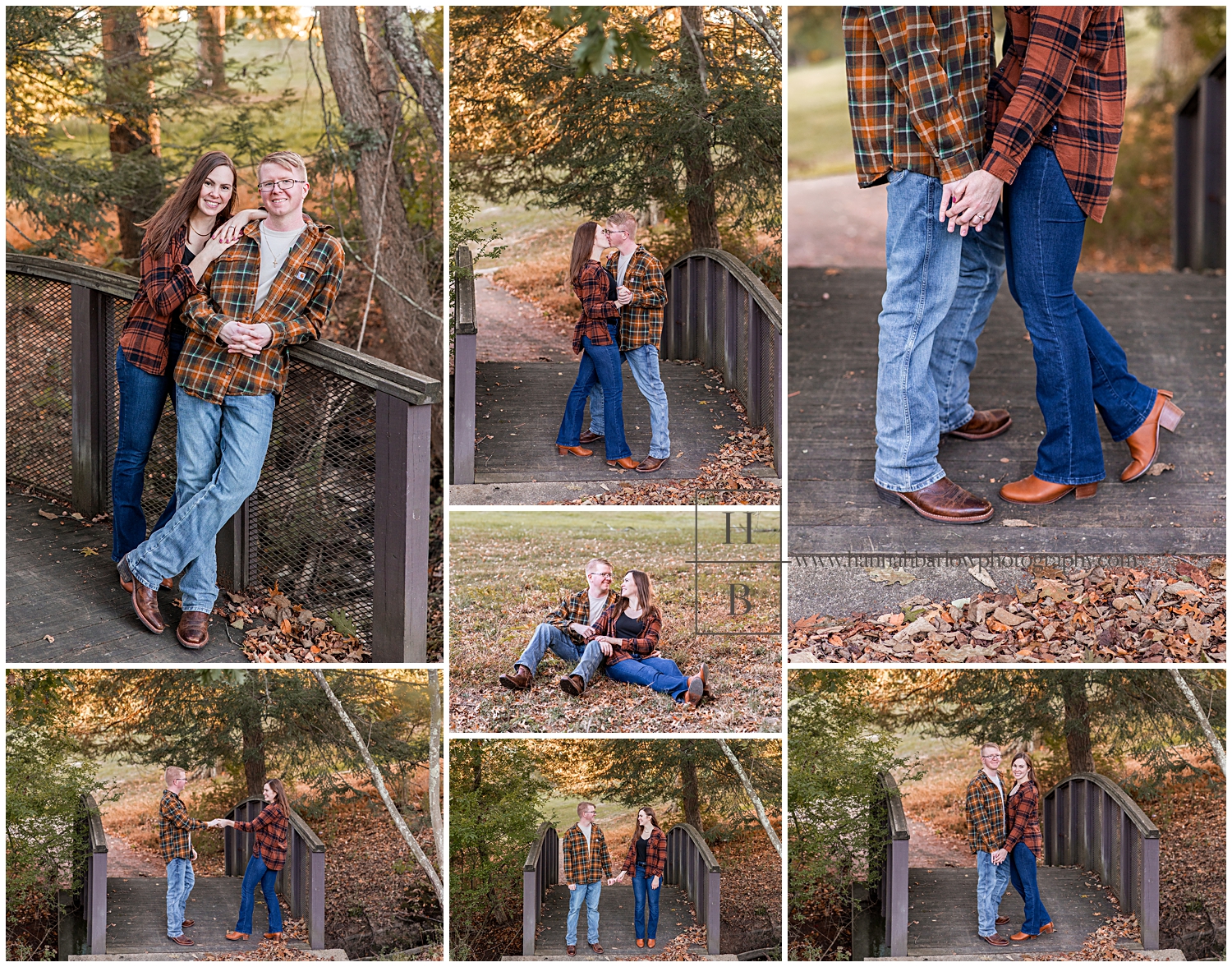 Couple poses on bridge in fall trees for engagement photos