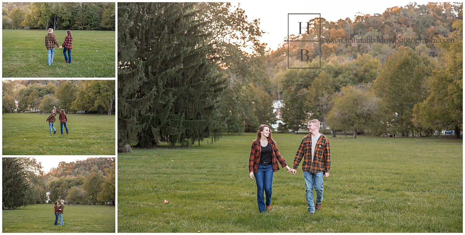 Couple wearing plaid walks in open Green field