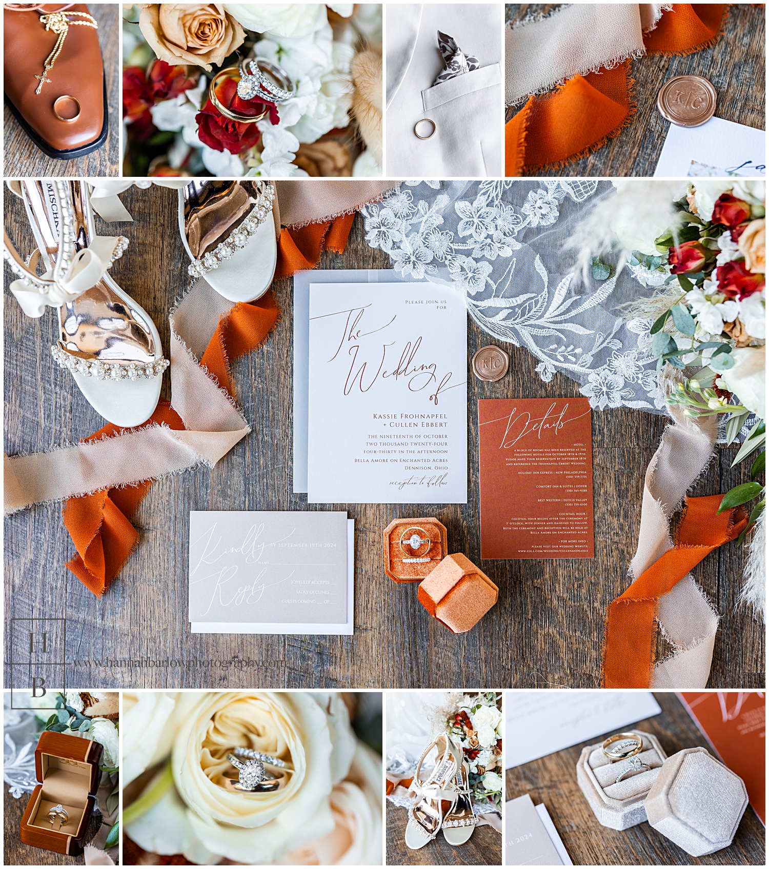 Orange and tan fall wedding details