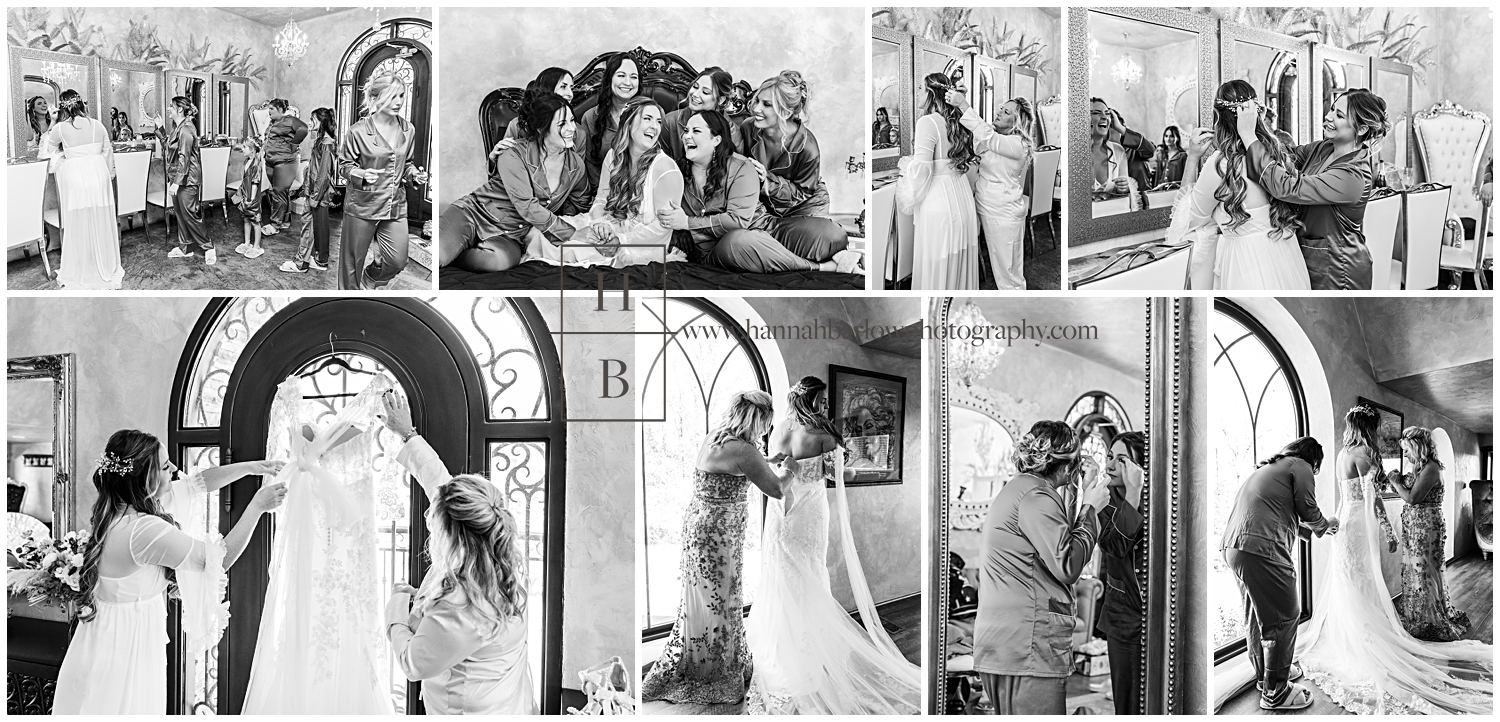 Black and white photos of bride getting ready