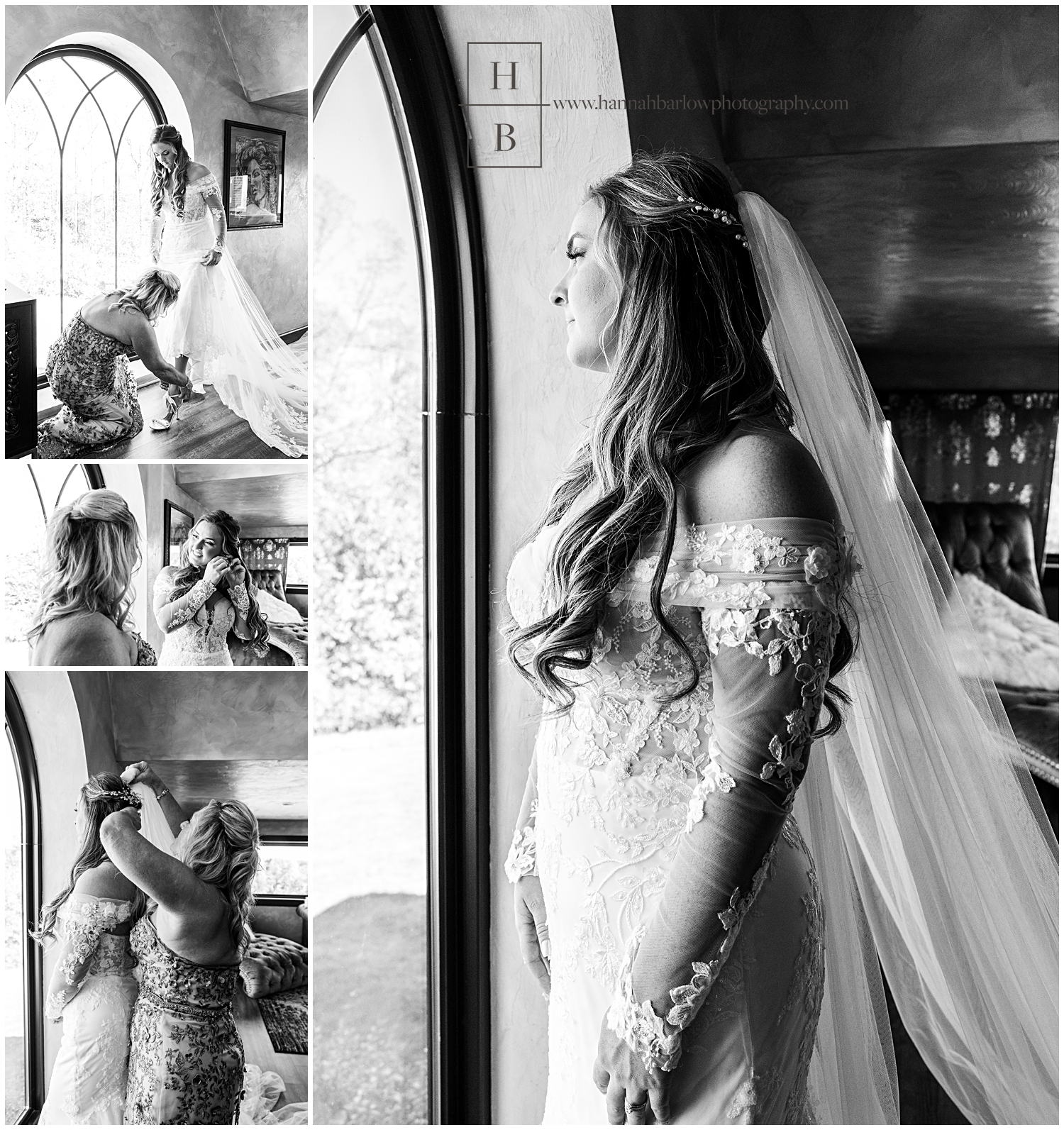 Black and white photos of bride gazing out window