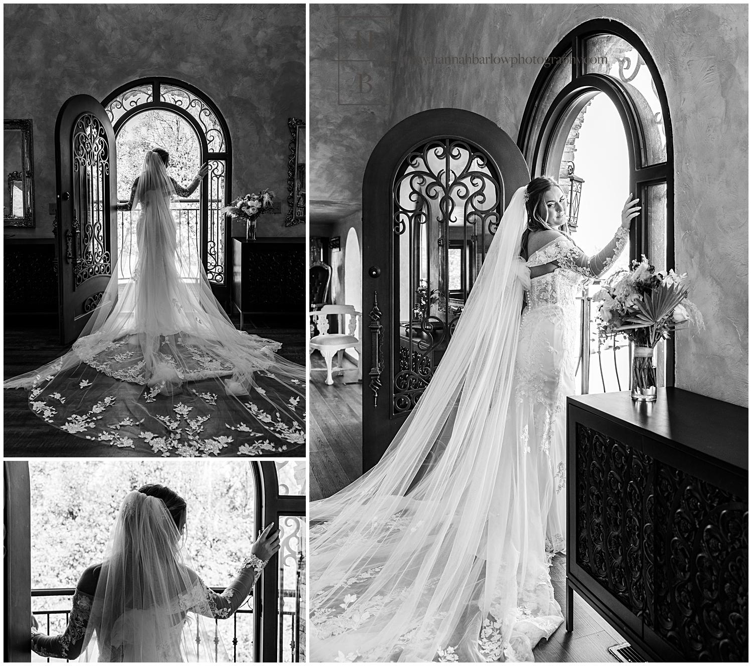 Black and white photos of bride in doorway looking out