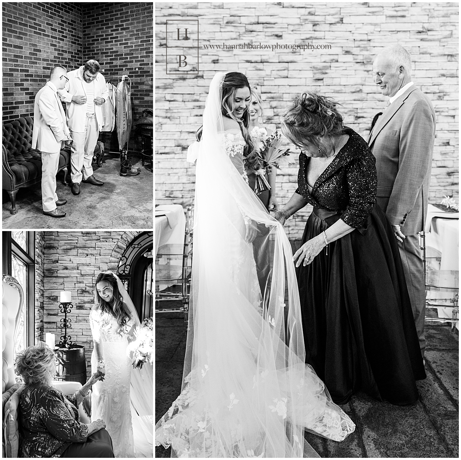 Black and white photos of wedding getting ready moments