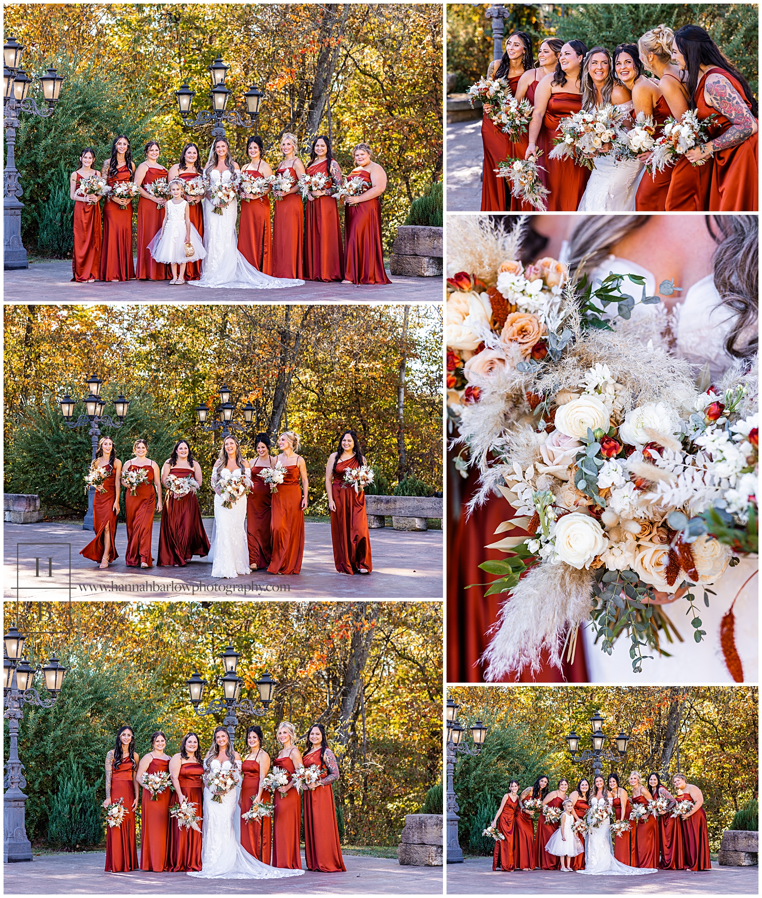 Bridesmaids in rust orange dresses pose with bride at fall wedding