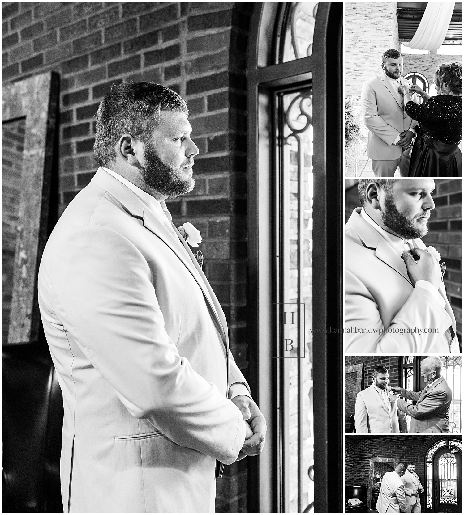 Black and white photos of groom getting ready