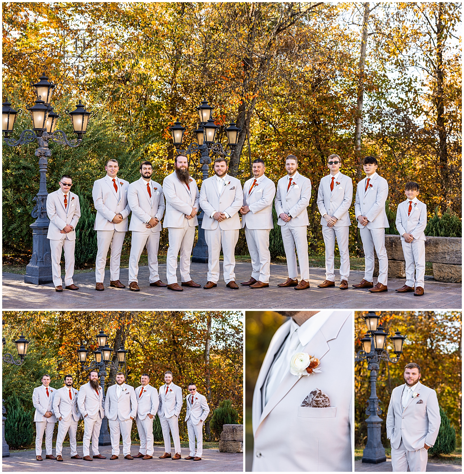 groomsmen in tax tuxedos pose with groom by fall foliage