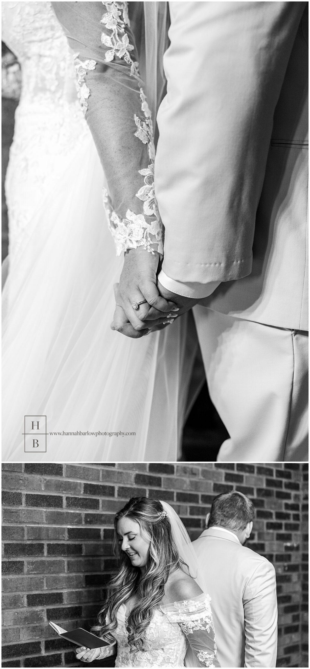 black and white photos of bride and groom reading vows