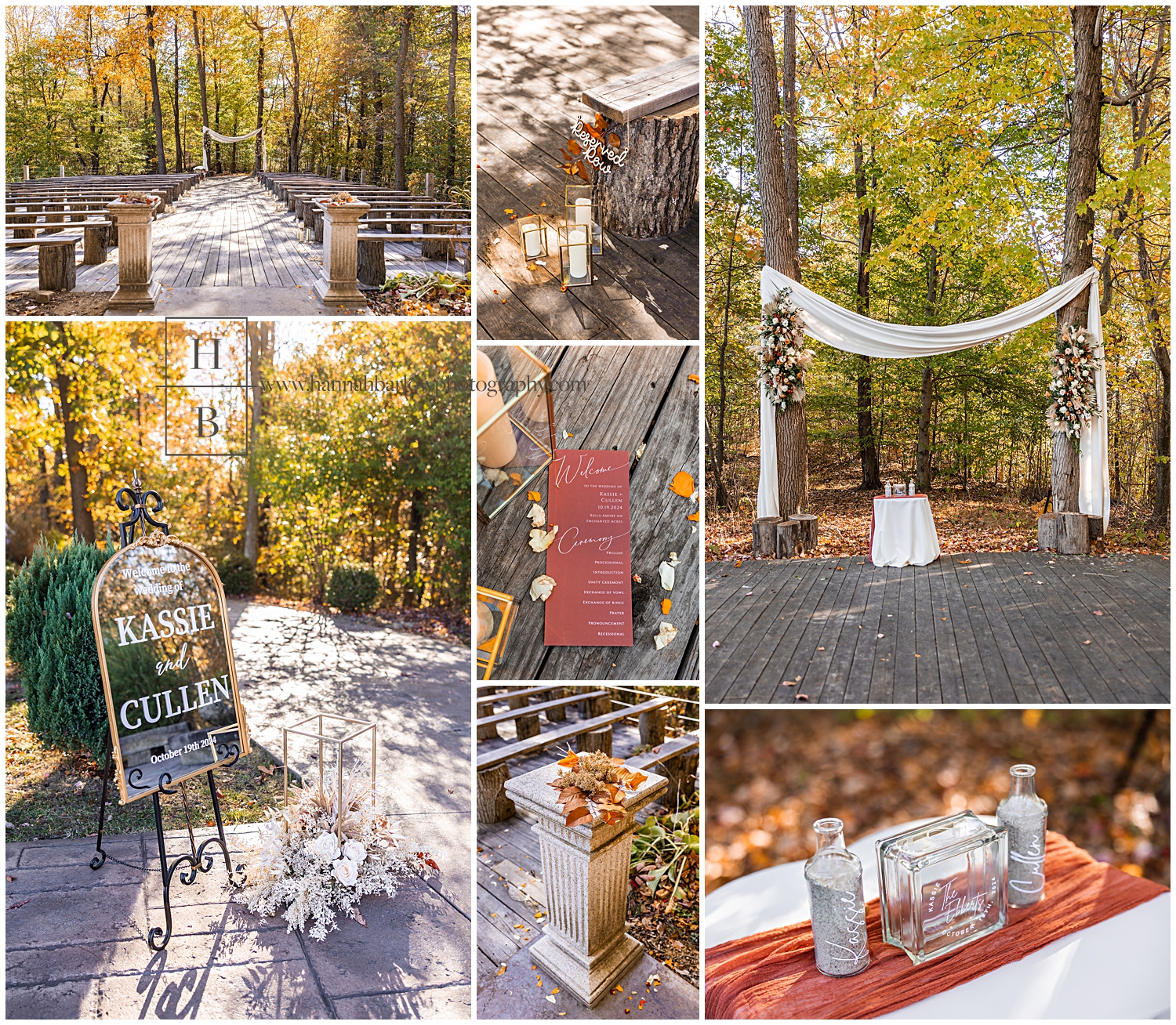 Outdoor fall wedding ceremony details