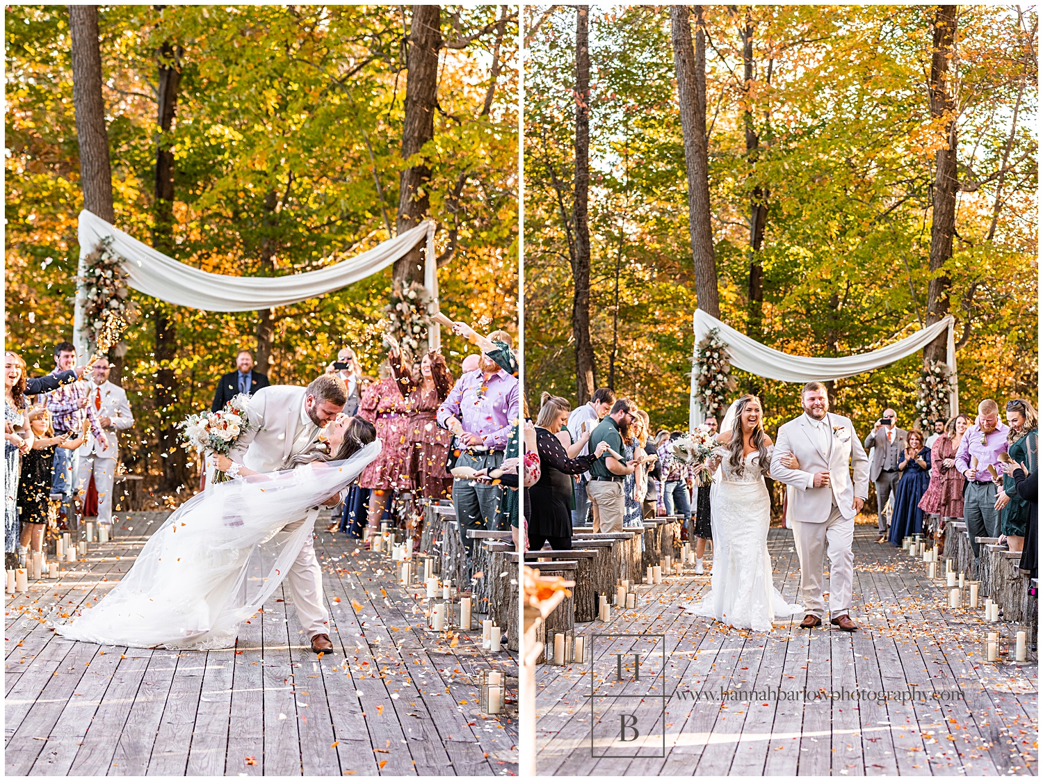 Couple dips after ceremony while guests throw petals