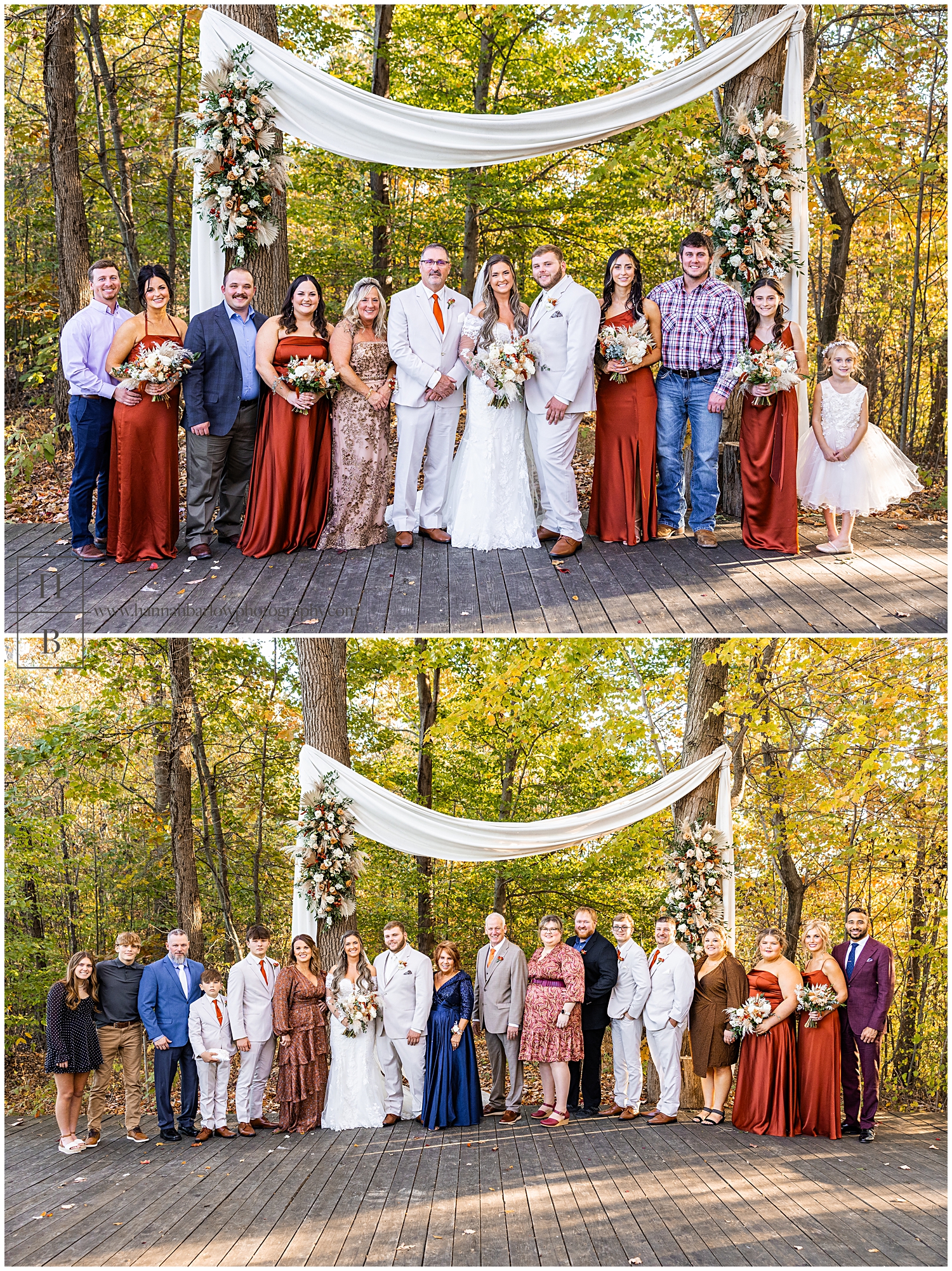 Family photos at wedding in fall foliage 