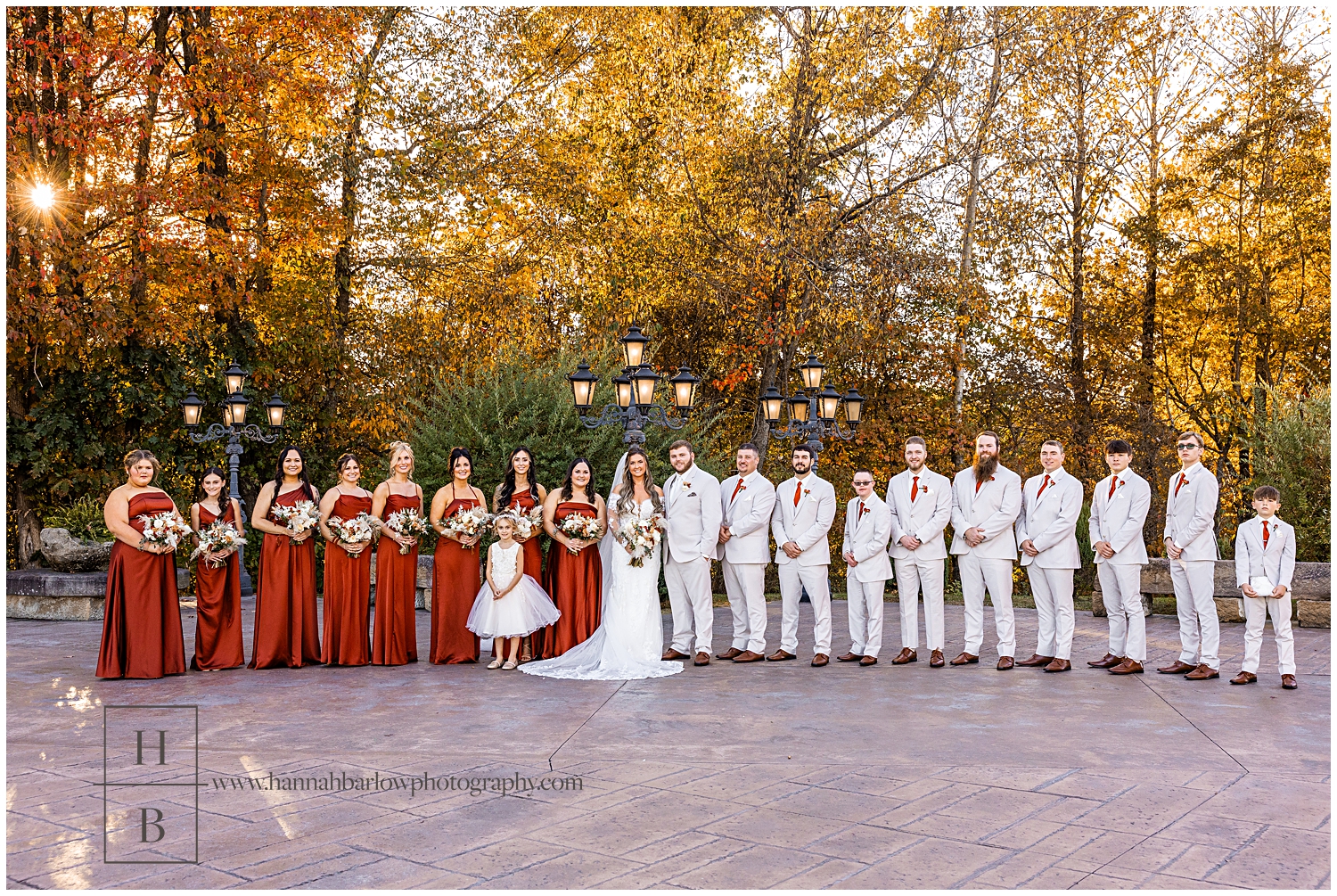 Bridal party photos women in orange and men in tan