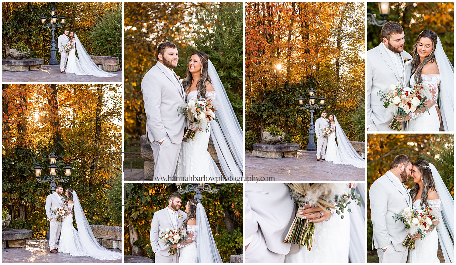 Bride and groom formals with fall background