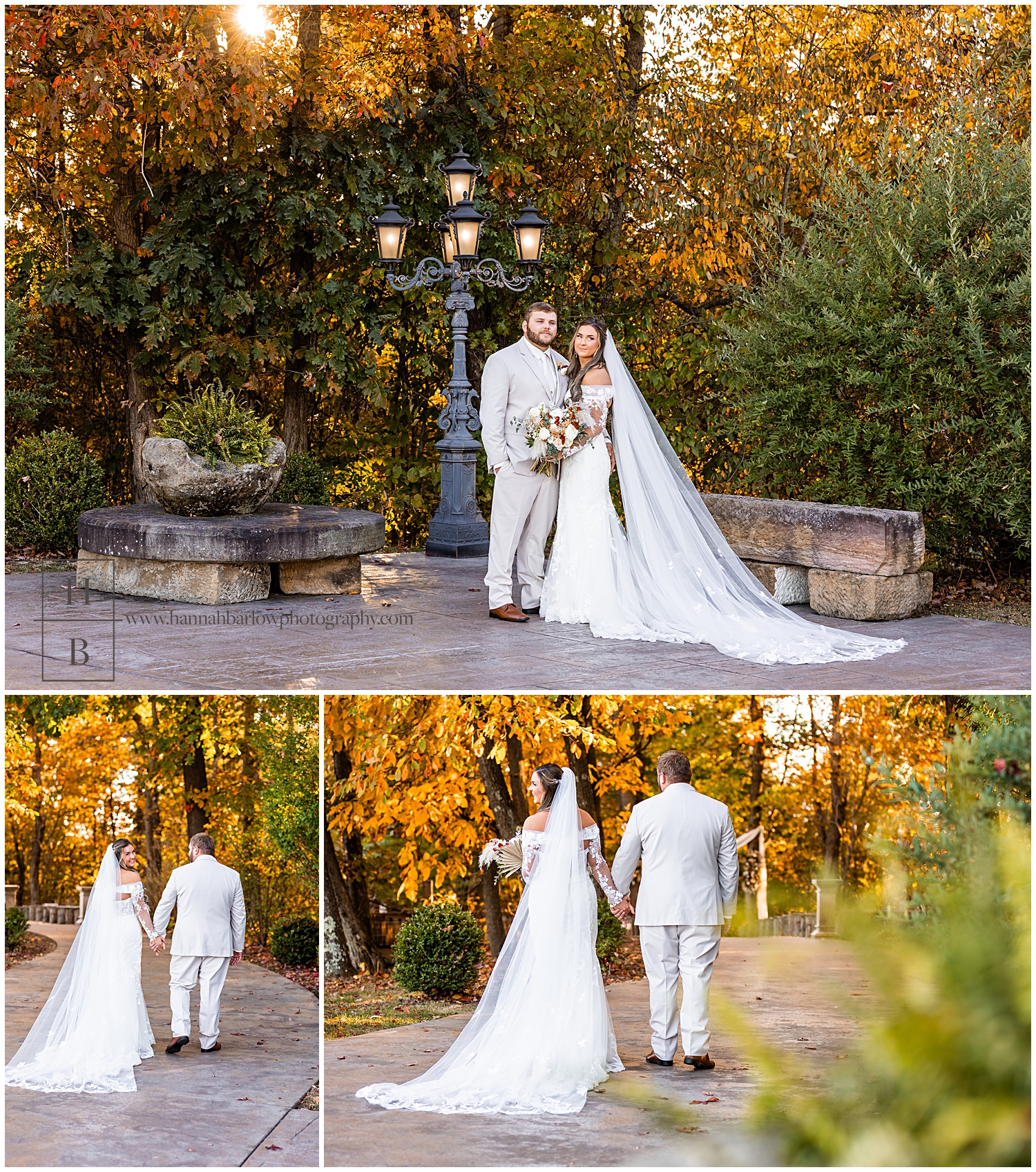 Bride and groom pose for fall wedding photos