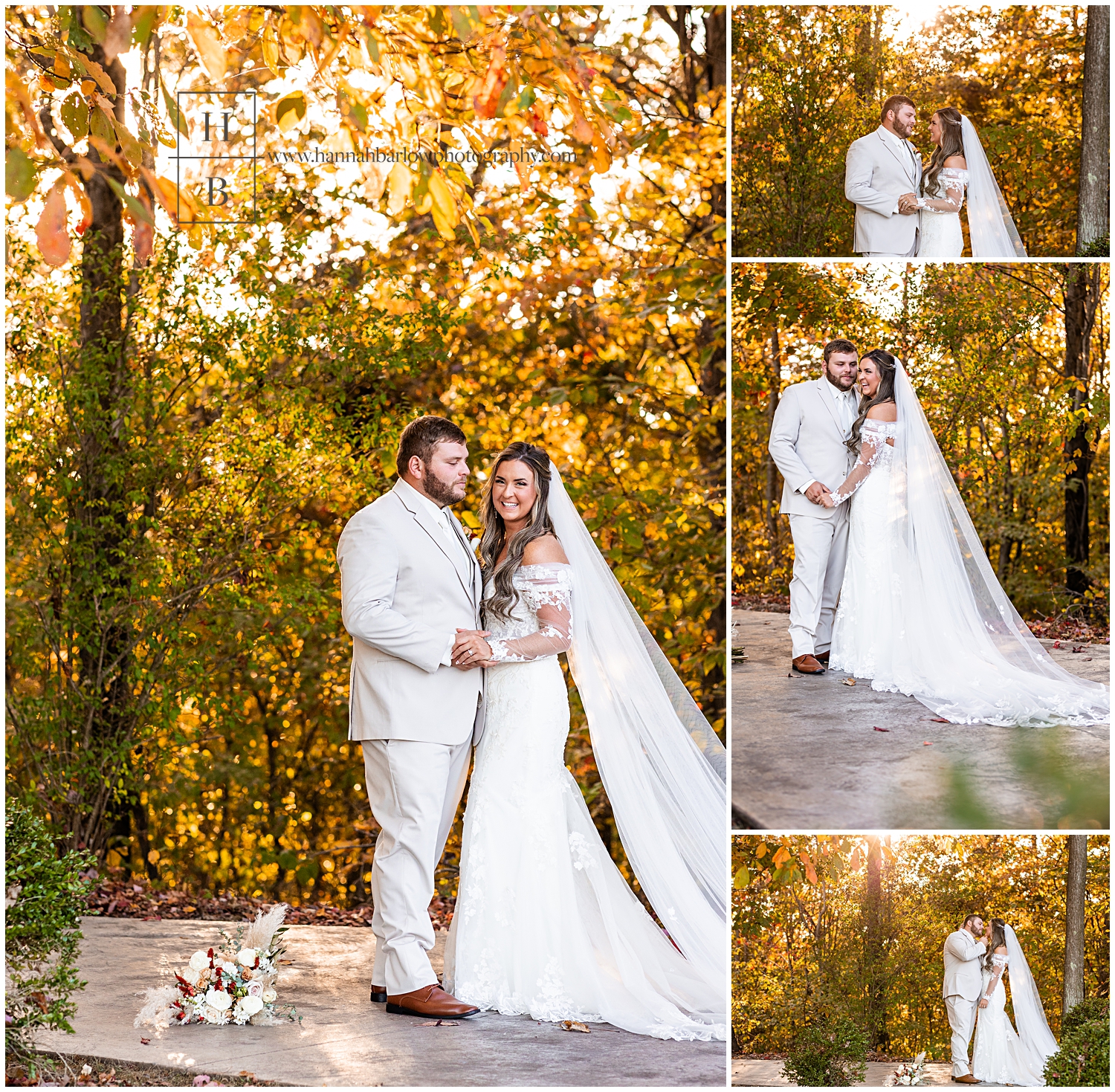 Bride and groom pose for photos with golden hour background