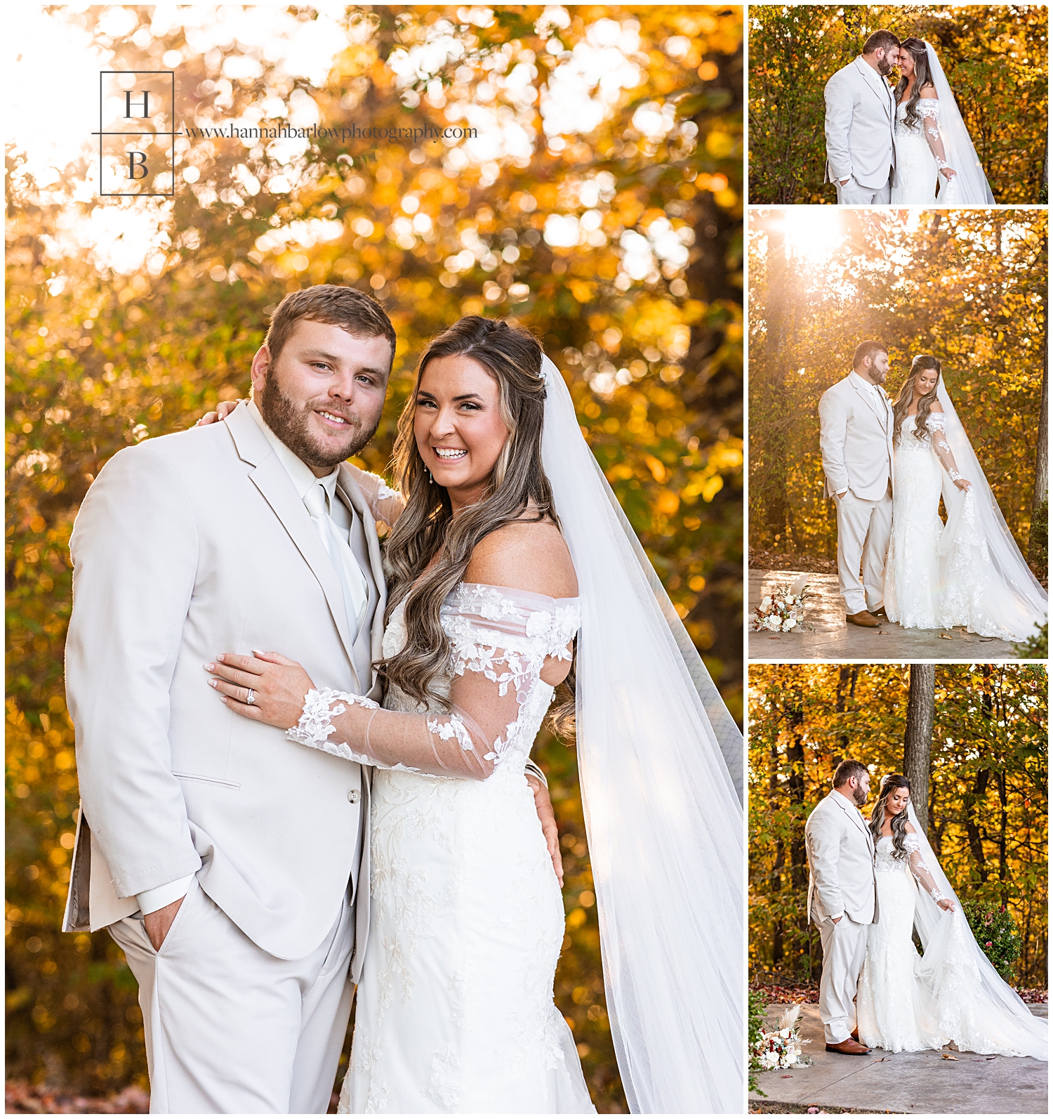 Bride and groom embrace with fall foliage in background