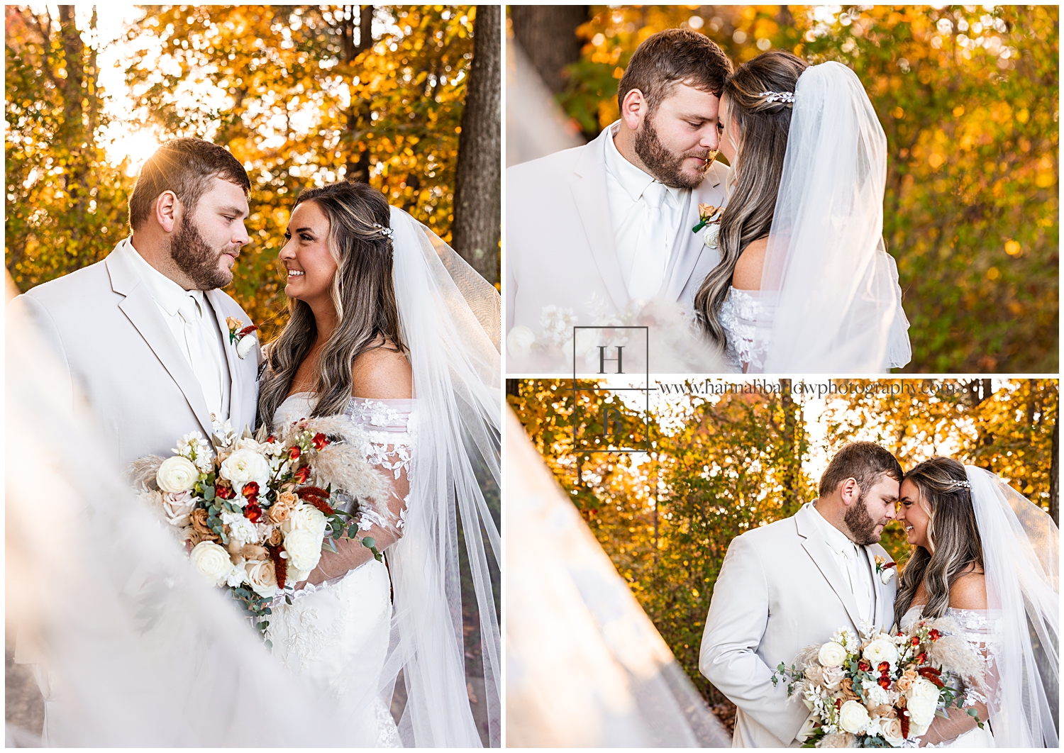 Bride and groom pose for wedding photos with veil swooping in front