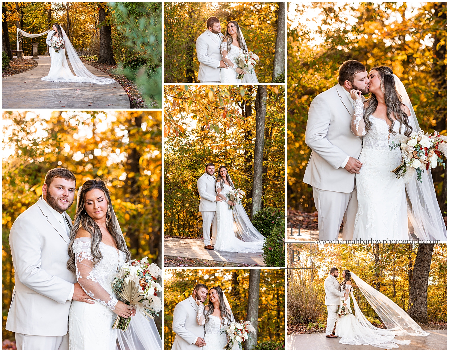 Wedding photos of bride and groom with fall background