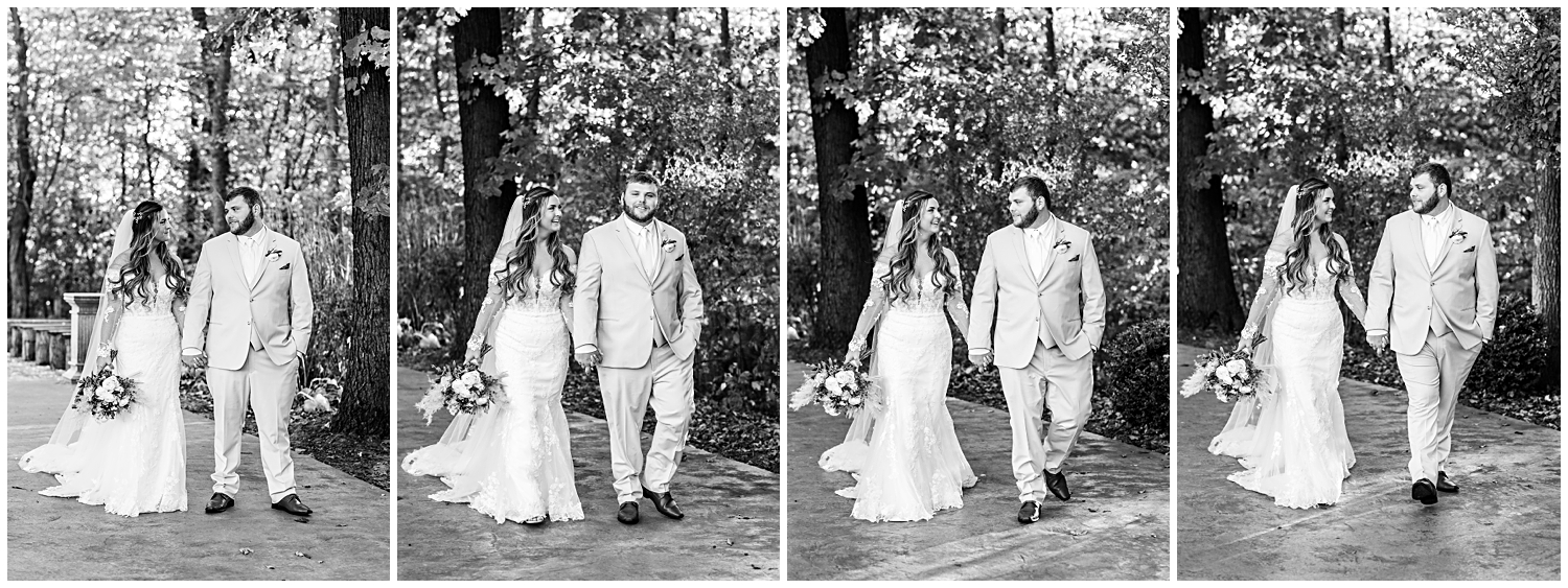 Black and white photos of bride and groom walking