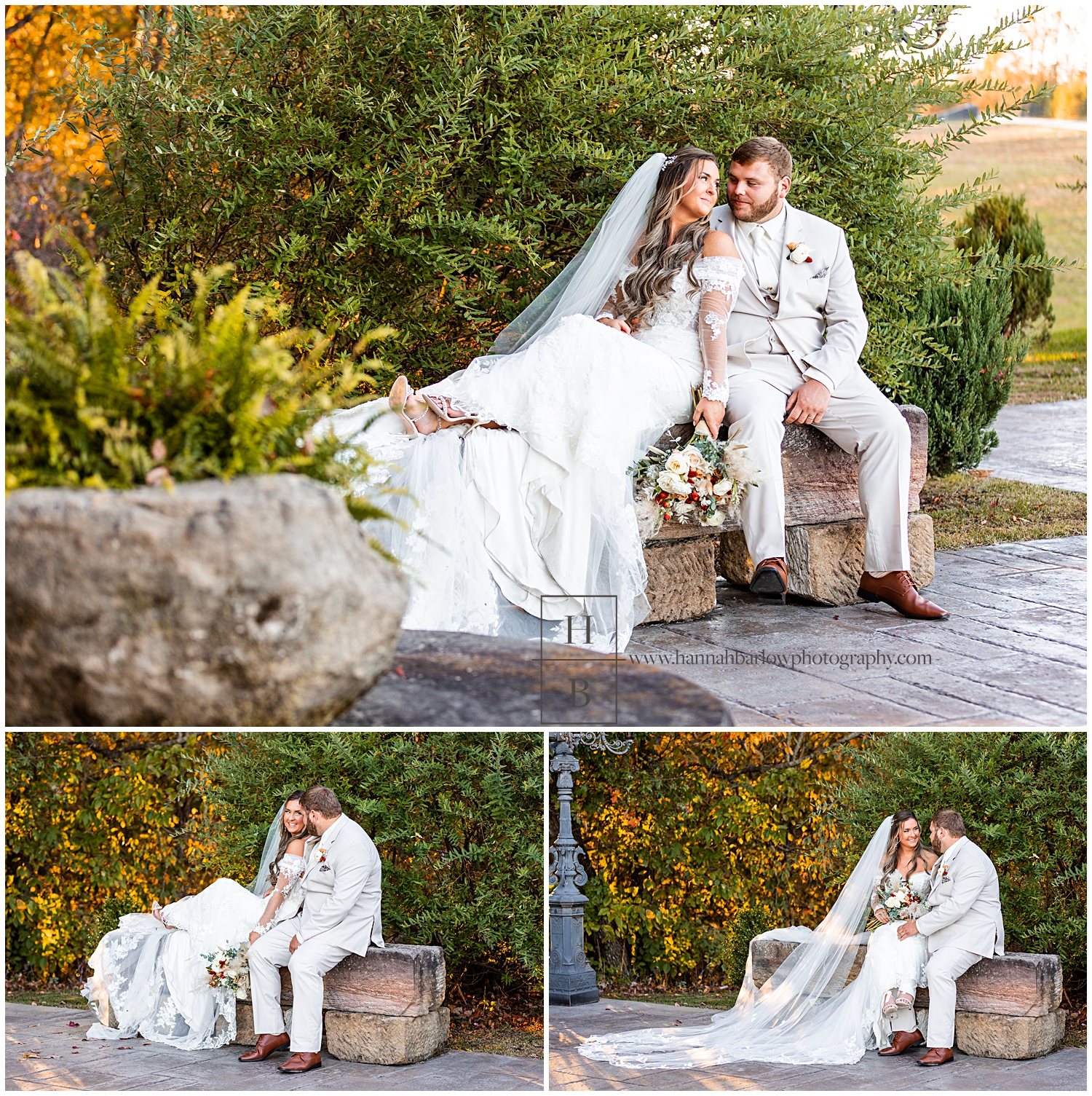 Bride sits on large stone while bride embraces him