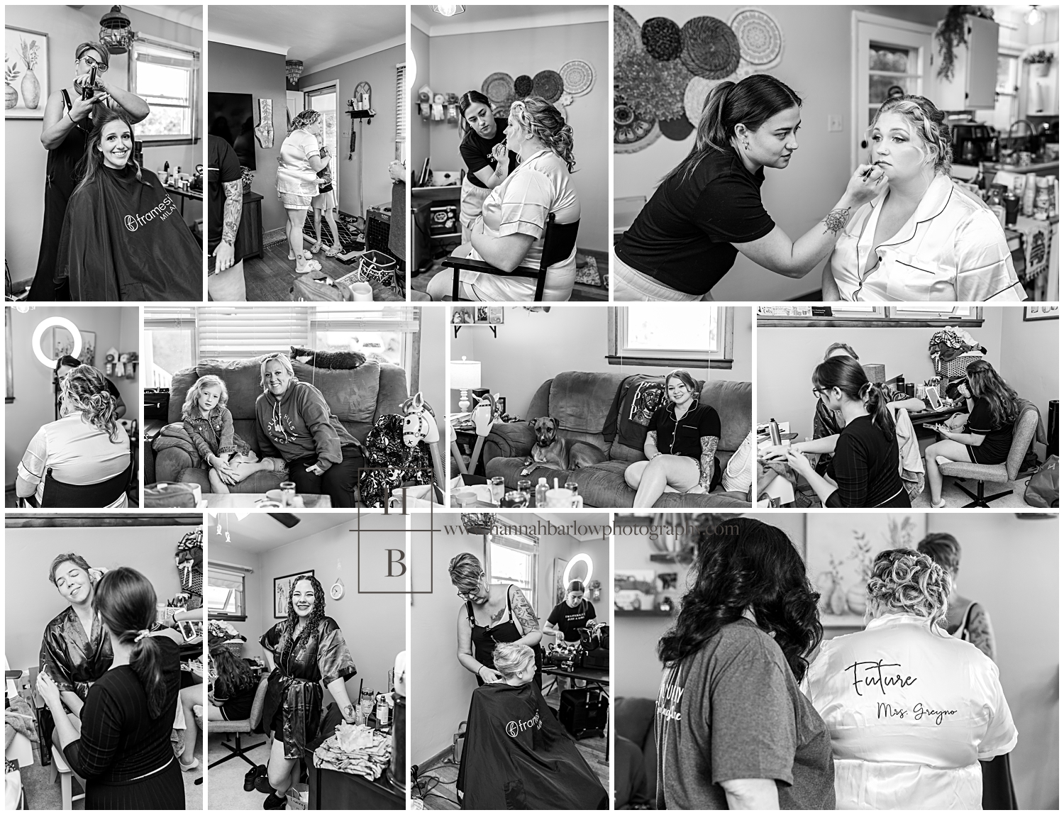 Black and white photos of bridal party getting ready