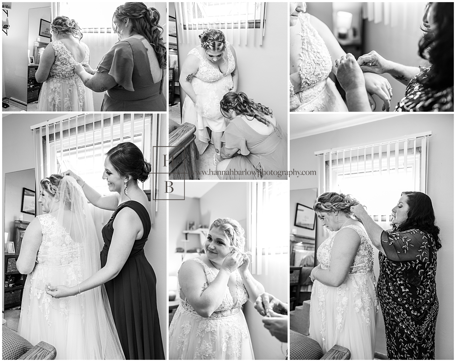 Black and white photos of bride getting ready