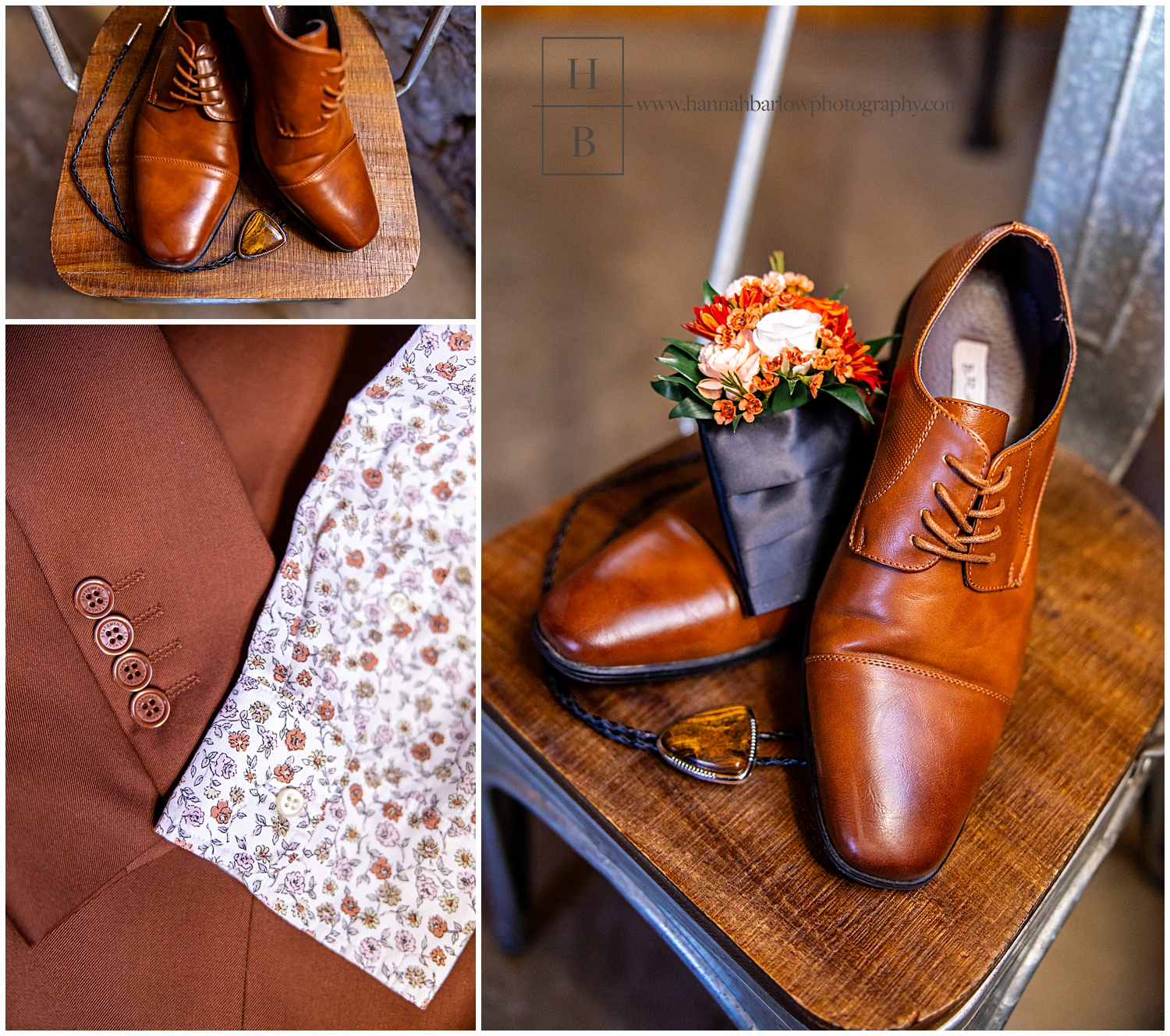 Fall groom details with brown tux brown shoes and Paisley shirt