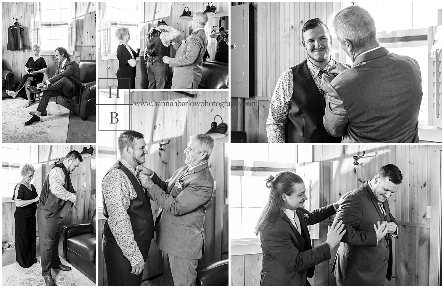 Black and white photos of groom getting ready