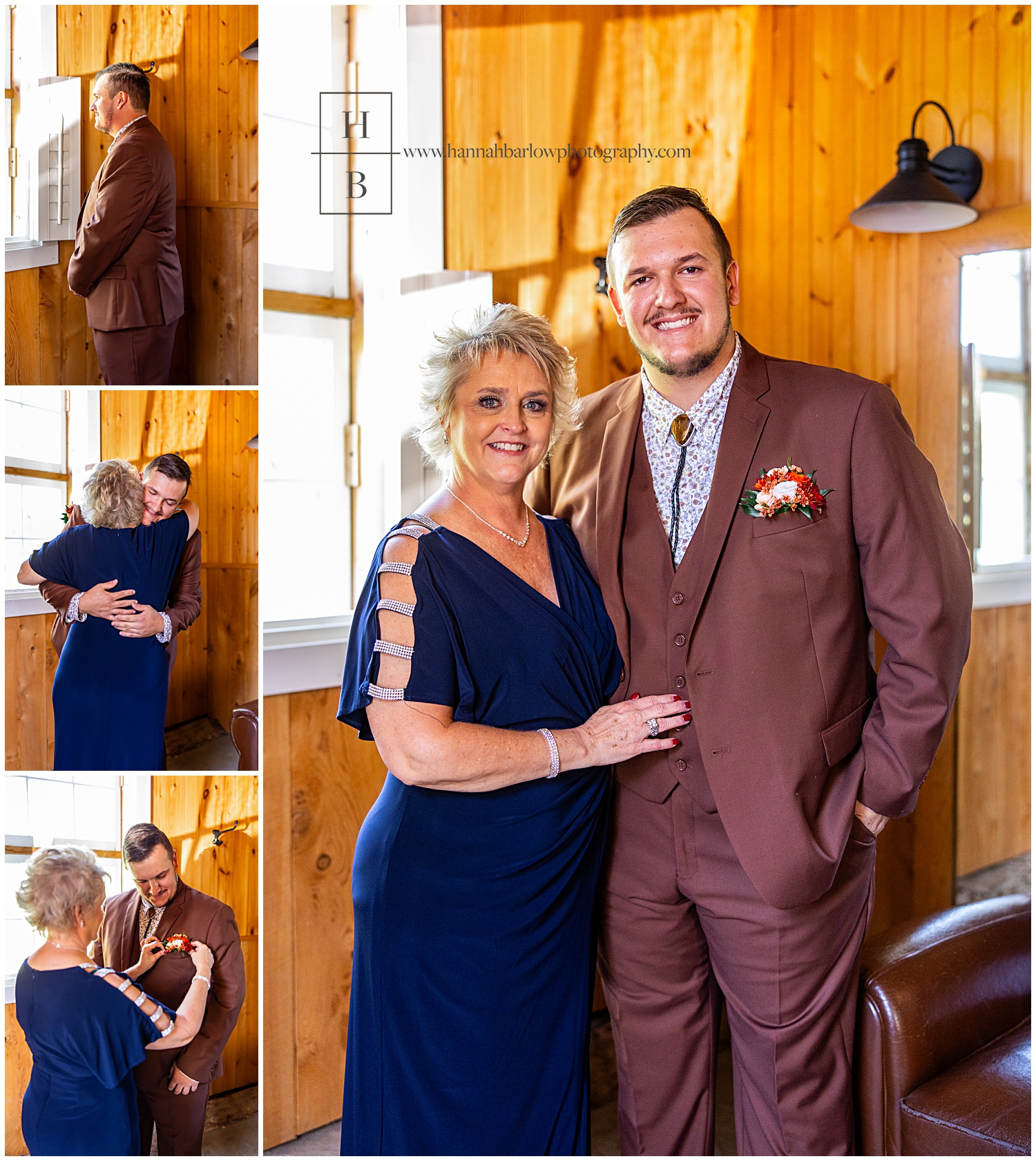 Mom and navy dress helps groom get ready