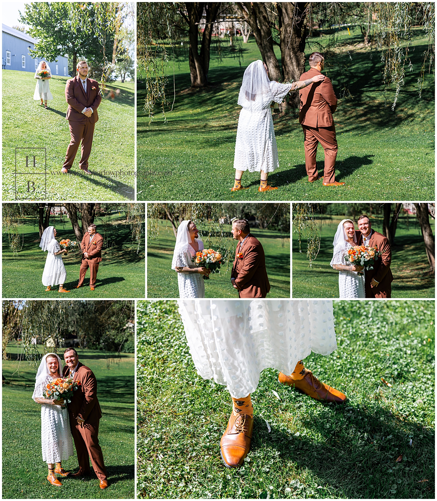 Best man in white dress does fake first look with groom