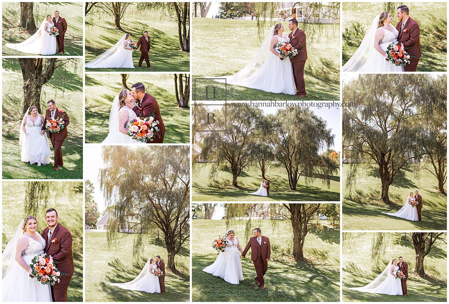 Groom in brown tux poses with bride at fall wedding under willow trees