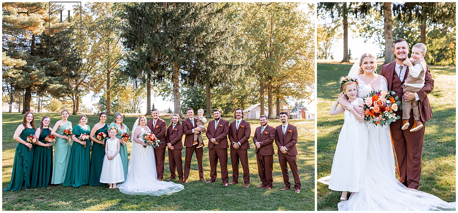 Men in brown tuxes pose with women in green dresses for wedding photo