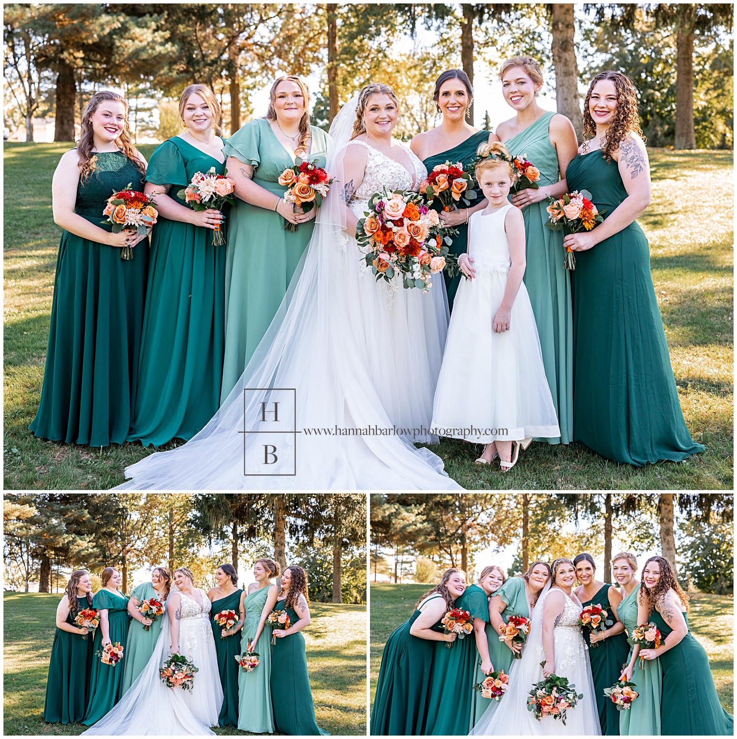 Bridesmaids in green dresses pose with bride and flower girl