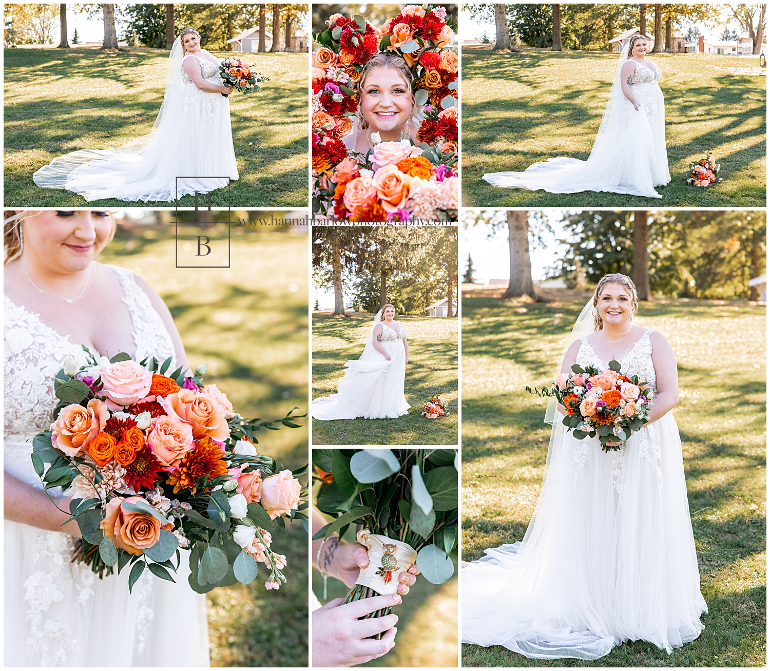 Bride poses for fall photos holding colorful red and orange bouquet