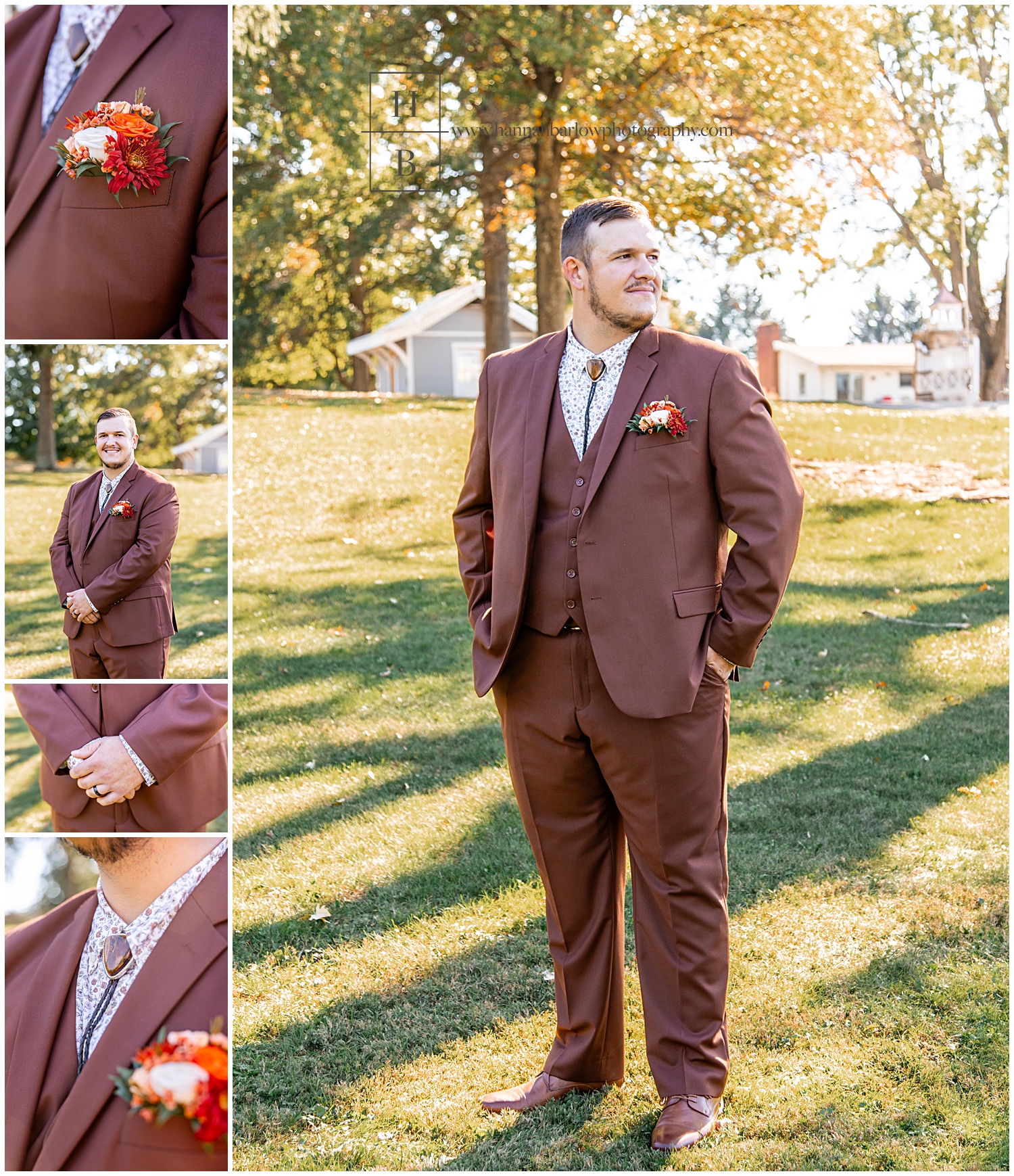 Groom in brown tuxedo poses for formal photos