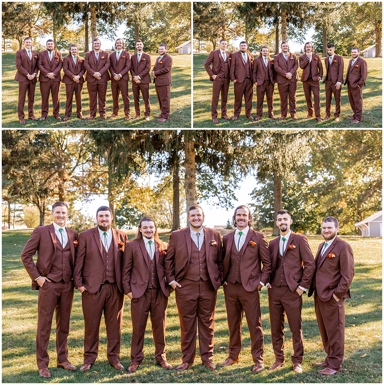 Groomsmen and Groom in Brown Suits pose for fall wedding photos