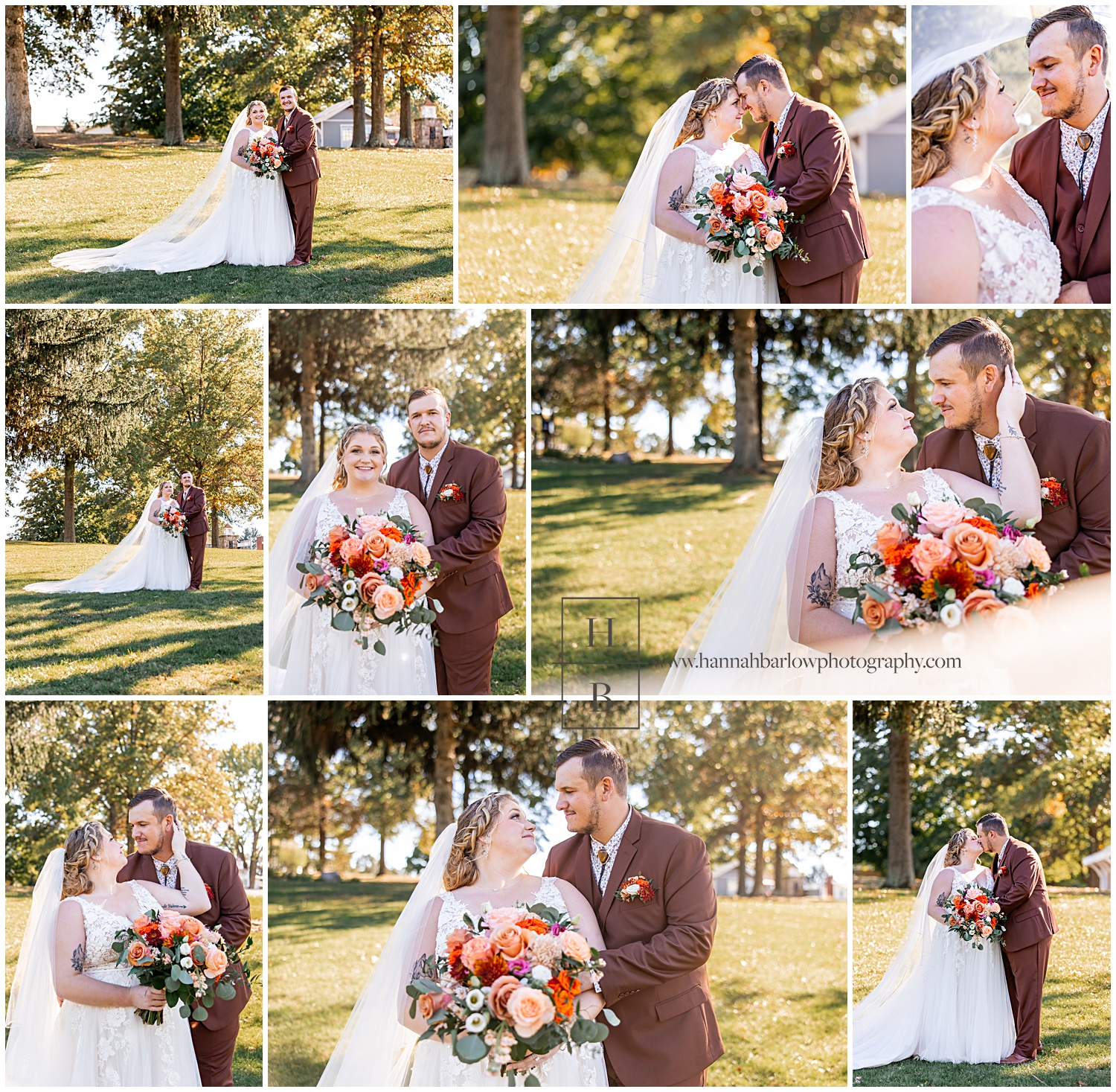 Groom in brown suit poses with Bride at Home Farm Barn