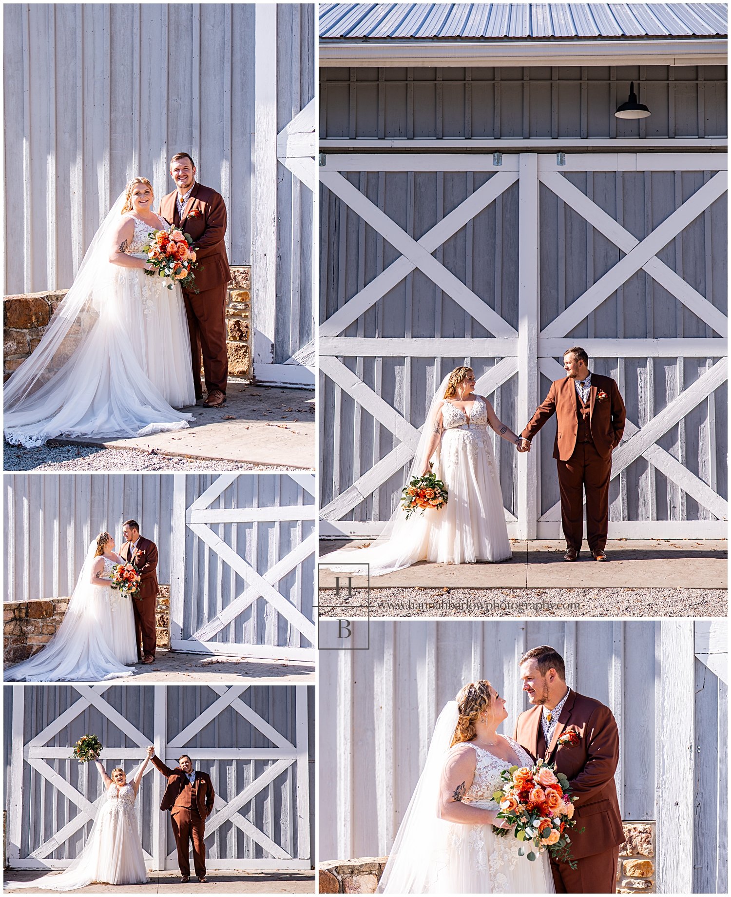 Bride and groom pose in front of blue home farm barn