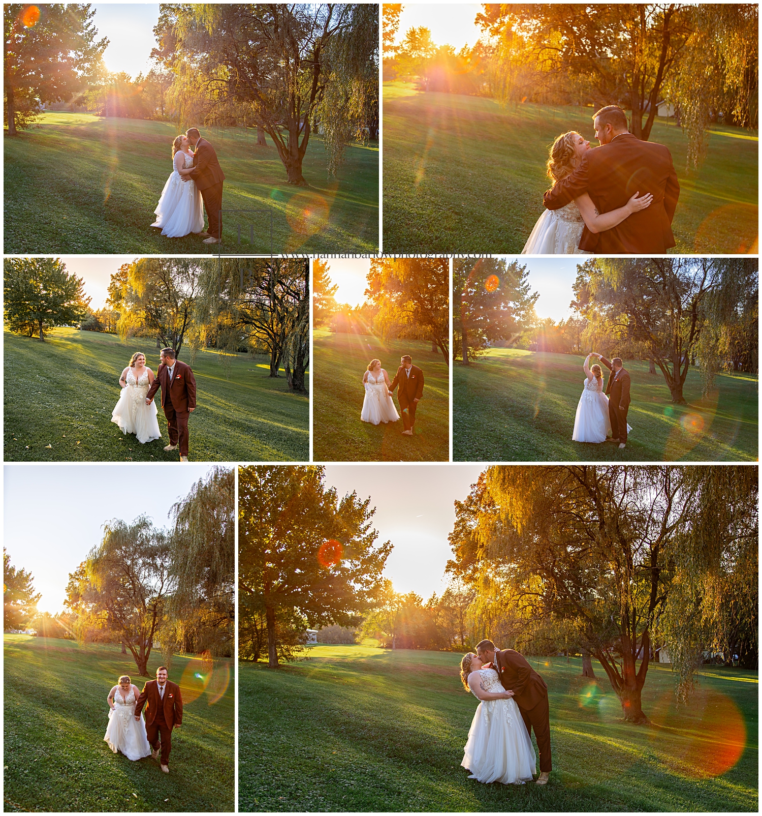 Golden hour wedding photos at Home Farm Barn