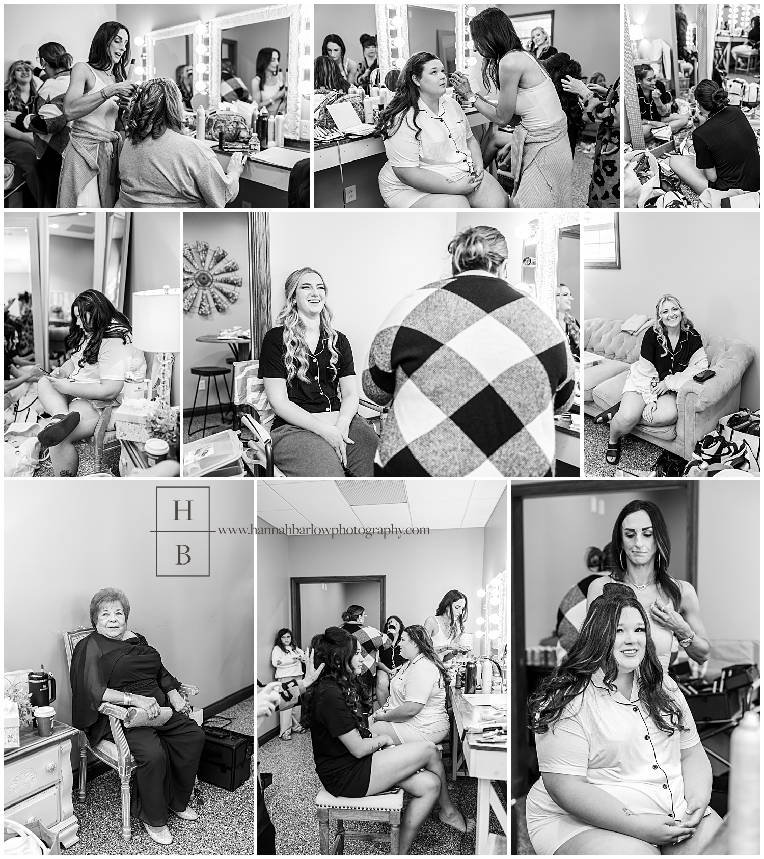 Black and white photos of bride and bridesmaids getting ready