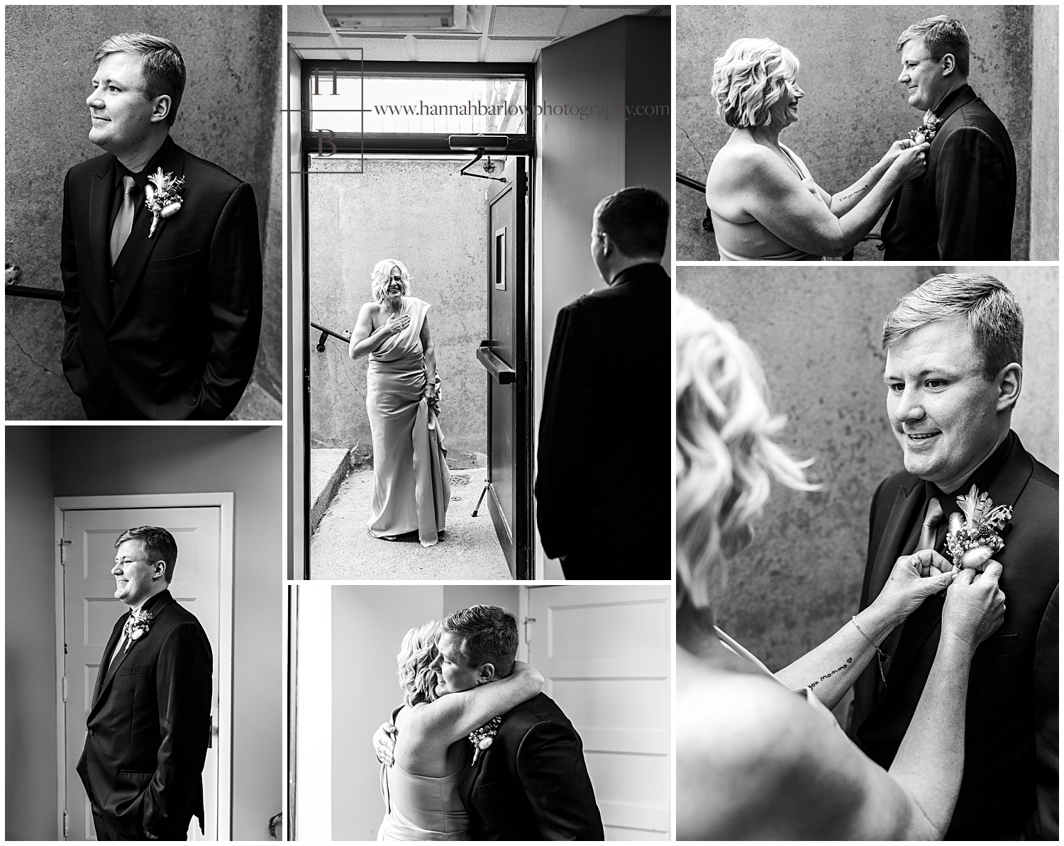 Black and white photos of Groom getting ready with mom