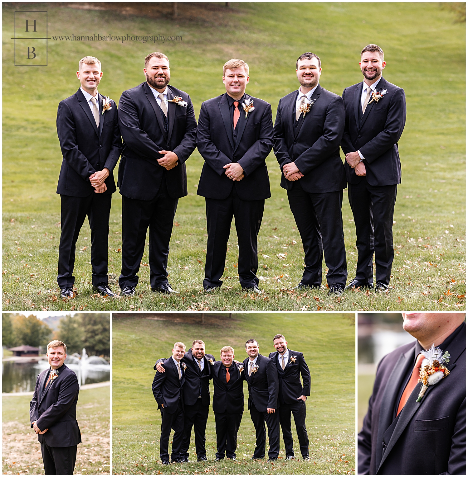 Groom and Groomsmen pose in black tuxes