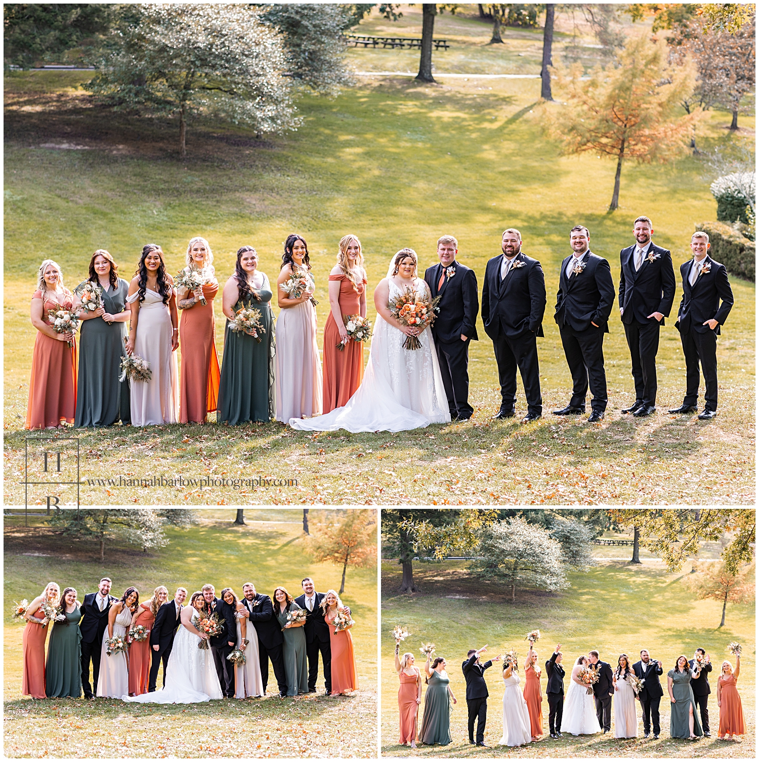 Fall color dressed bridal party poses