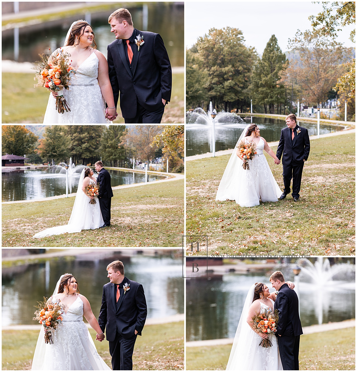 Groom in black tux walks with Bride by lake