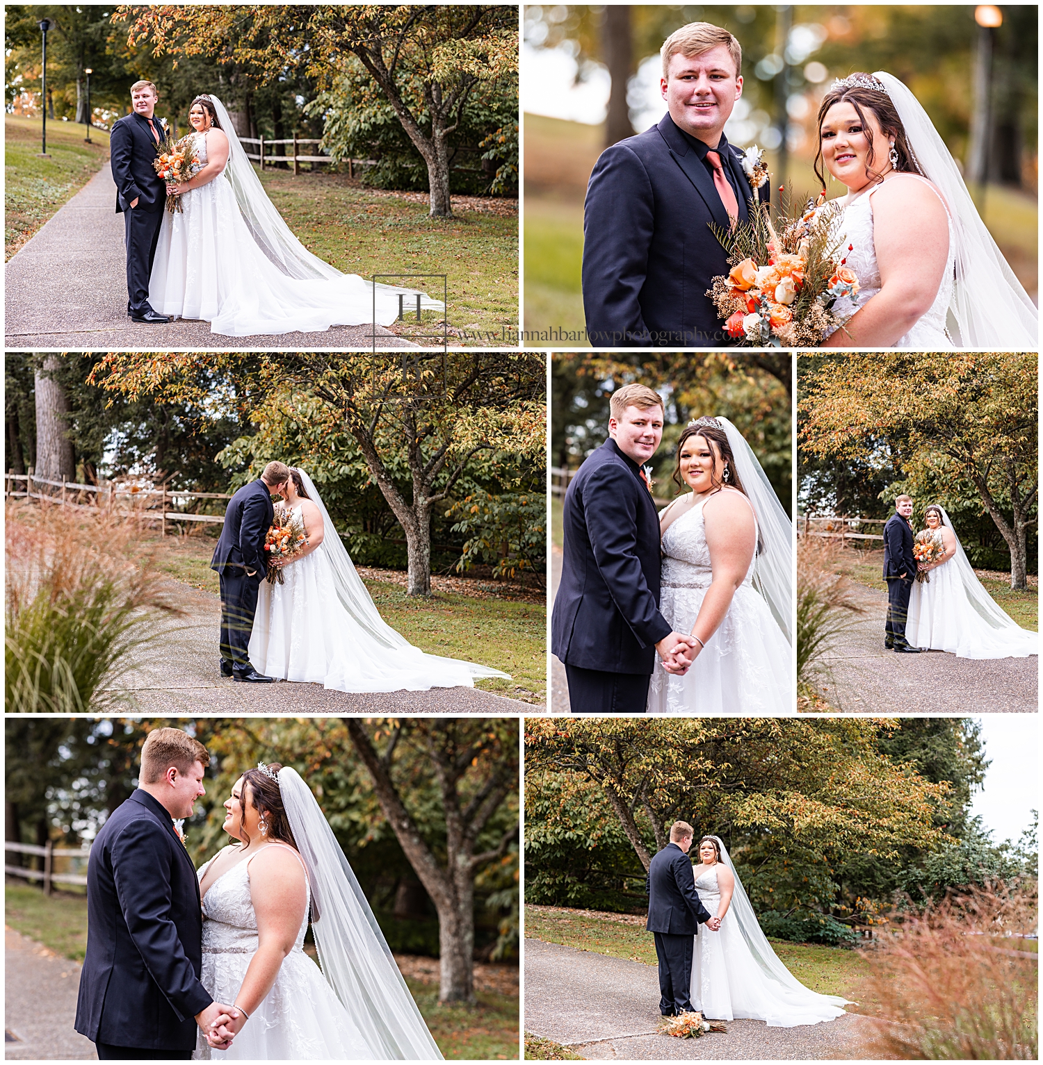 Bride and groom pose in fall foliage